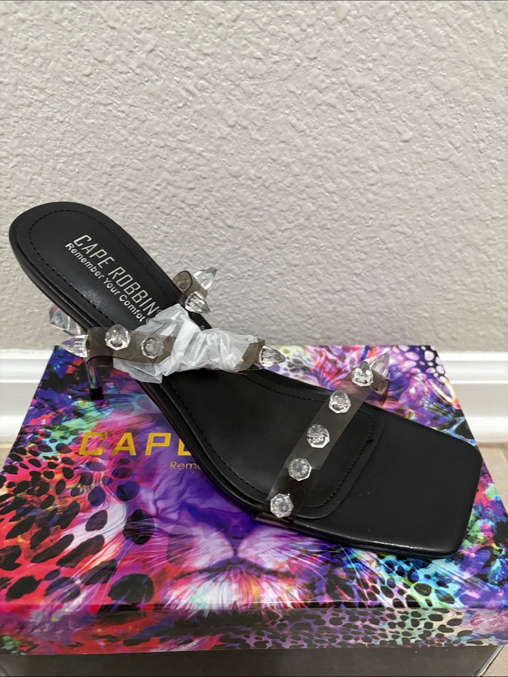 Crystal-Strap Square Toe Heels